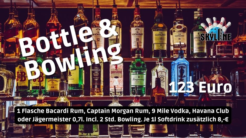 Bottle & Bowling

1 Flasche Bacardi Rum, Captain Morgan Rum, 9 Mile Vodka, Havana Club oder Jägermeister 0,7l. 
Inkl. 2 Std. Bowling. 
Je 1l Softdrink zusätzlich 8€

für nur 123 Euro pro Bahn.