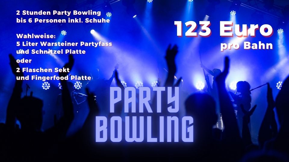 Party Bowling

2 Stunden Party Bowling bis zu 6 Personen inclusive Leihschuhe.
Für Mädels: 2 Flaschen Prosecco und Fingerfood-Platte
Für Männer: 5l Partyfaß und Schnitzel-Platte

pro Bahn für nur 123 Euro